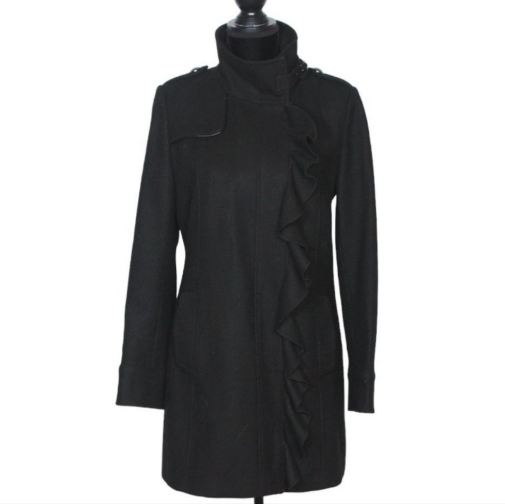 Tahari black wool blend feminine jacket coat with ruffle detail.